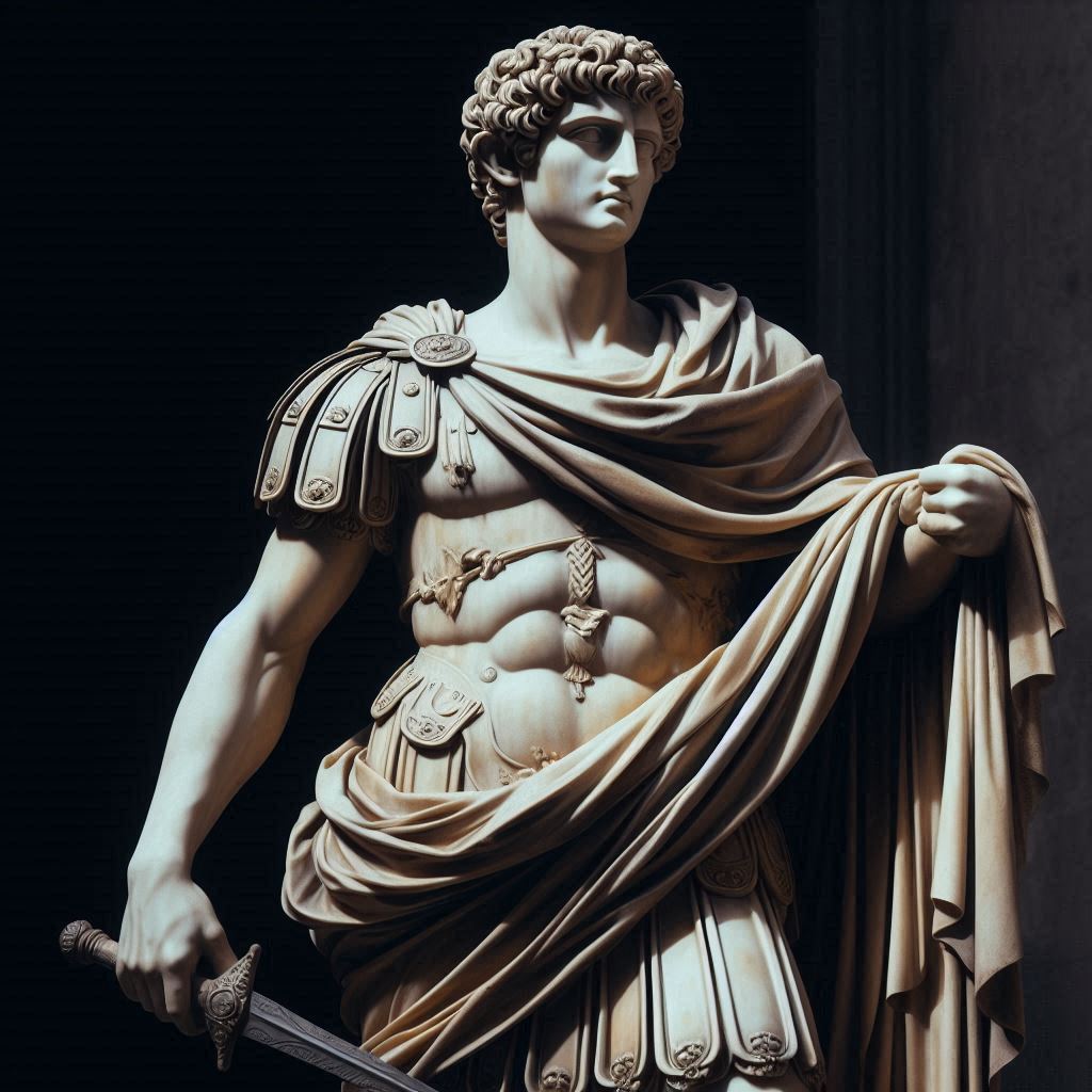 Eine Marmorstatue einer männlichen Figur in klassischer römischer Kleidung, die ein Schwert hält.
