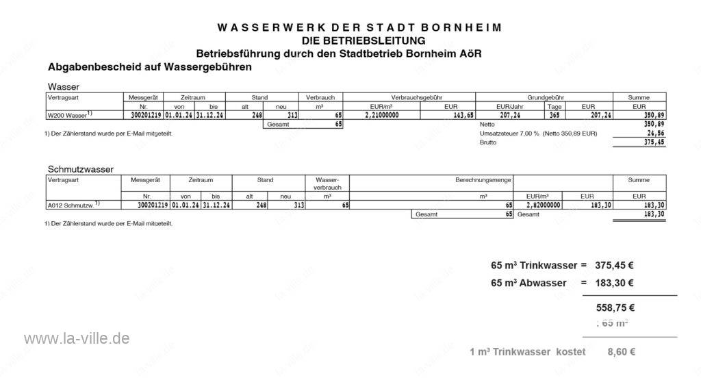 Eine Rechnung des Wasserwerks der Stadt Bornheim, auf der die Wasser- und Abwassergebühren, die Verbrauchsdaten und die Aufschlüsselung der Gesamtkosten angegeben sind.