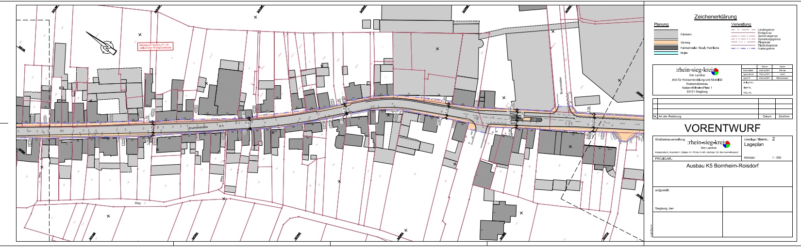 Karte, die einen vorläufigen Straßenbauplan durch ein Wohngebiet zeigt, mit Grundstücken, Gebäuden und Legenden, die Versorgungseinrichtungen und Flächennutzung angeben.