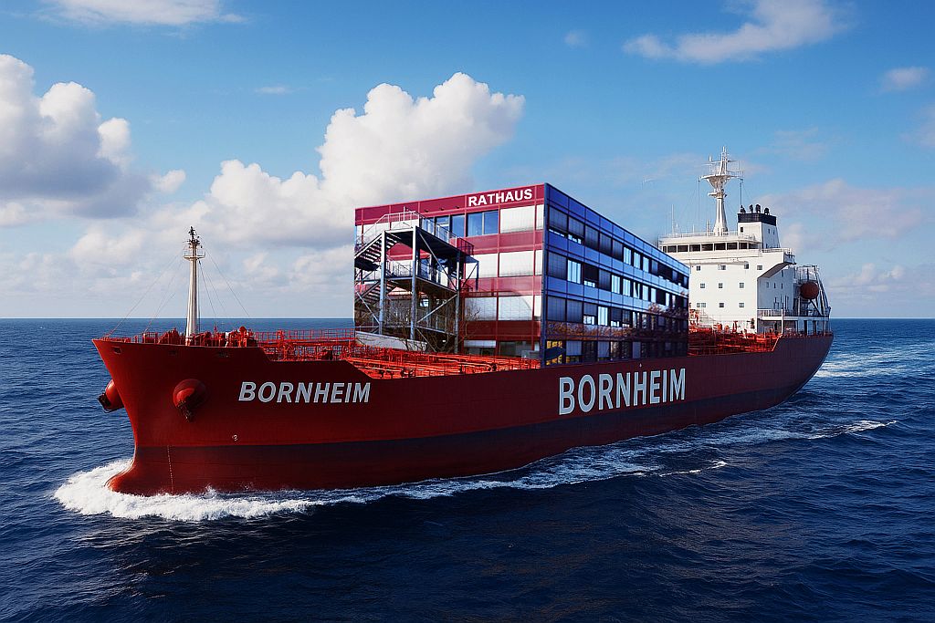 Ein großes rotes Frachtschiff mit dem Namen "BORNHEIM" trägt mit gleichem Namen das Rathausgebäude auf seinem Deck, während es unter einem teilweise bewölkten Himmel auf dem Meer fährt.