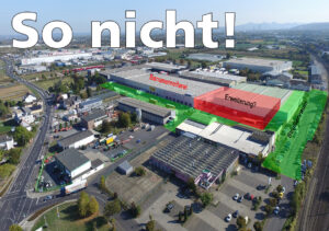 Luftaufnahme eines Industriegebiets mit hervorgehobenen Abschnitten, die mit "Bananenreiferei", "Erweiterung?" und "Stellflächen" beschriftet sind, überlagert mit dem Text "So nicht!.