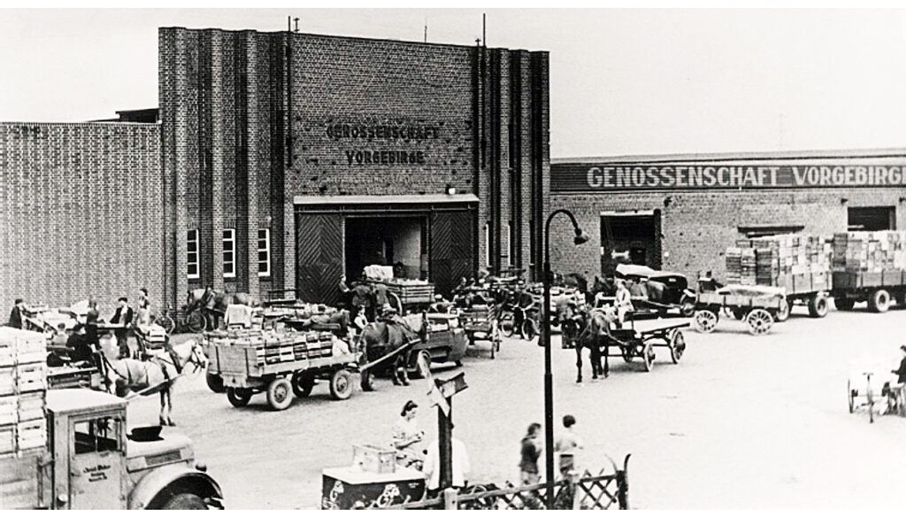 Historisches Schwarz-Weiß-Foto eines geschäftigen Industriegebäudes mit Pferdefuhrwerken, Lastwagen und Menschen, die Kisten ein- und ausladen, neben einem Schild mit der Aufschrift "Genossenschaft Vorgebirge".