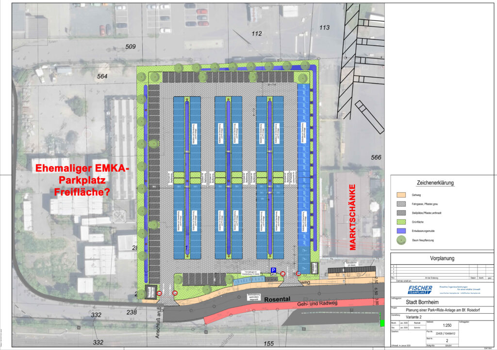 Neuer Lageplan, der Parkplätzen an der Rosental-Straße und gekennzeichneten Bereichen wie "Rosental", "MARKTSCHÄNKE" und "Ehemaliger EMKA-Parkplatz" zeigt.