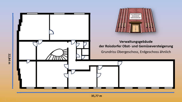 Grundriss eines rechteckigen Gebäudes mit angegebenen Maßen, daneben eine Abbildung des Haupteingangs des Gebäudes und ein deutscher Text, in dem es als Verwaltungsgebäude für Obst- und Gemüseauktionen beschrieben wird.